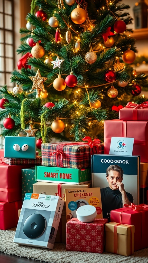 Top 4 Christmas Wishlist Ideas A decorated Christmas tree with colorful gifts underneath, including tech gadgets and cozy items.